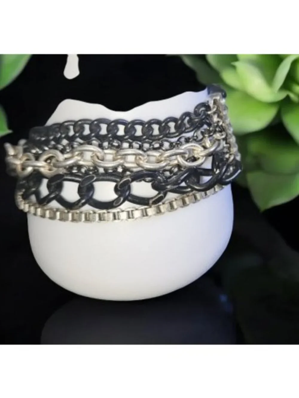 Black Beads Silvertone Chains Rhinestone Trim Multi Strand Bracelet